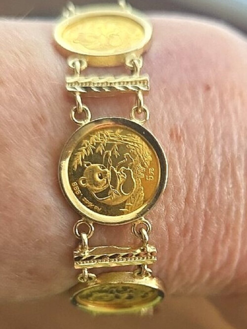 1994 CHINA CHINESE PANDA 1/20 OZ YAUN COIN BRACELET SET IN 14KY GOLD 7 COINS